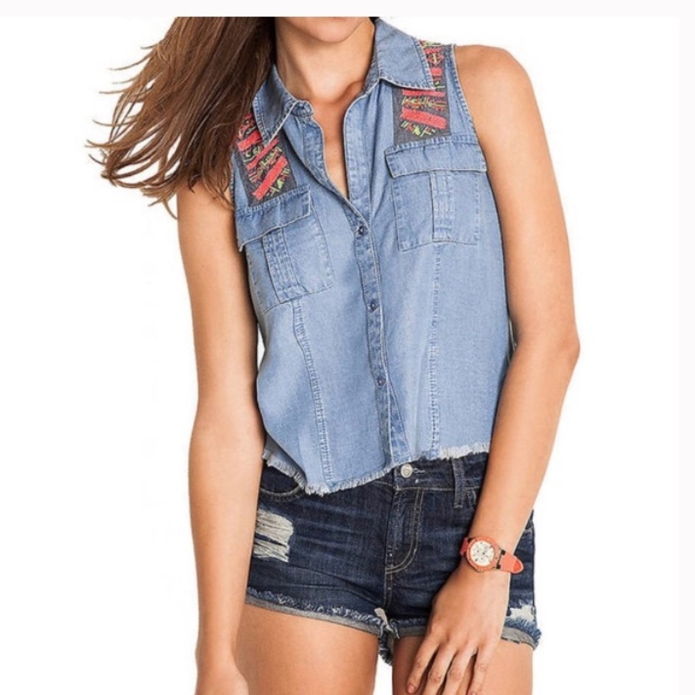 Guess Mia sleeveless sequin denim crop shirt